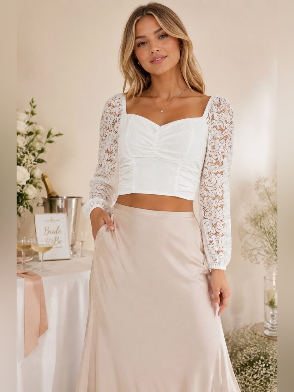 PaperMoon White Lace Sleeve Corset Crop Top Bridal Shower Rehearsal Dinner Sm
